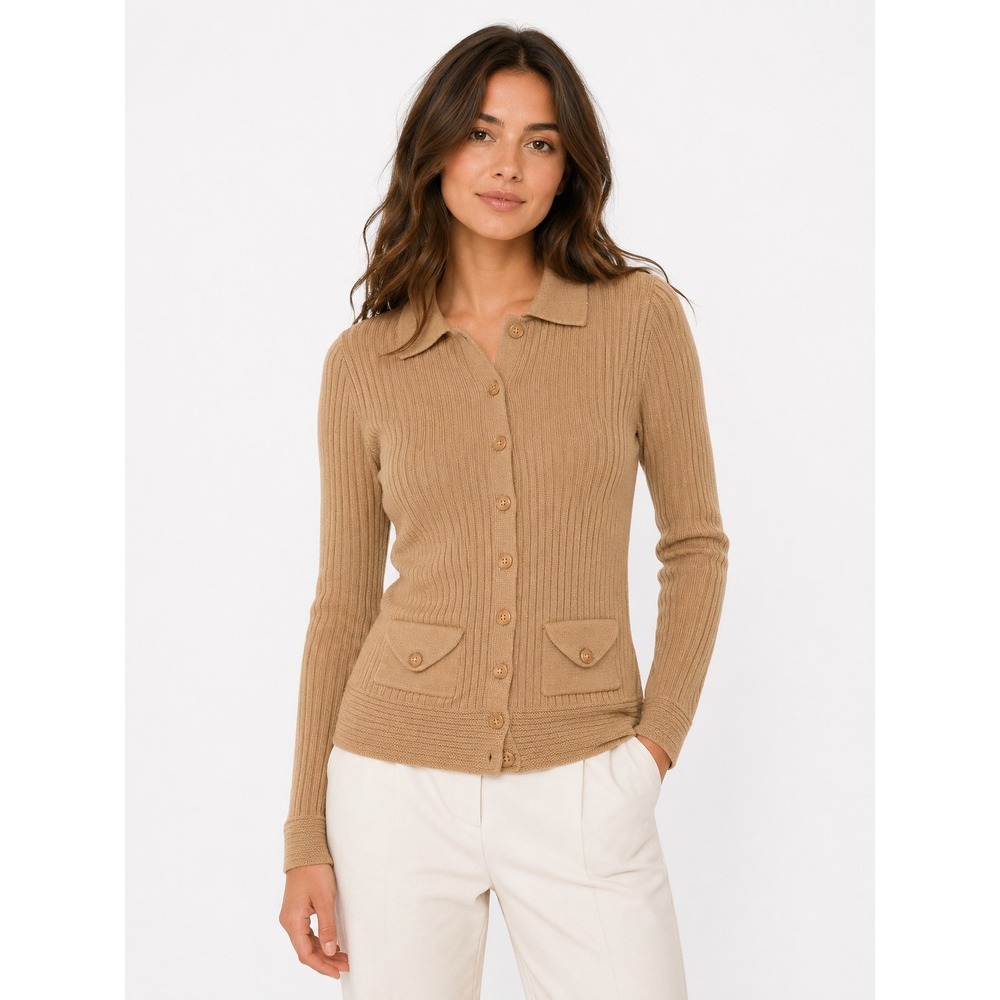 Halogen Cardigan Sweater Womens XS Tan‎ Ribbed Wool Blend Polo Collar Preppy